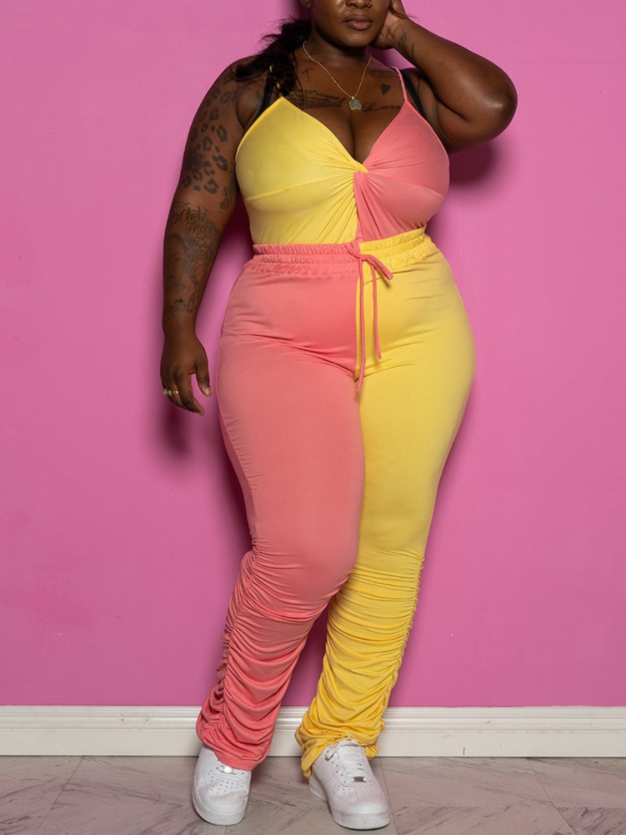 

Lovely Sweet Ruched Color-lump Yellow Plus Size Two-piece Pants Set