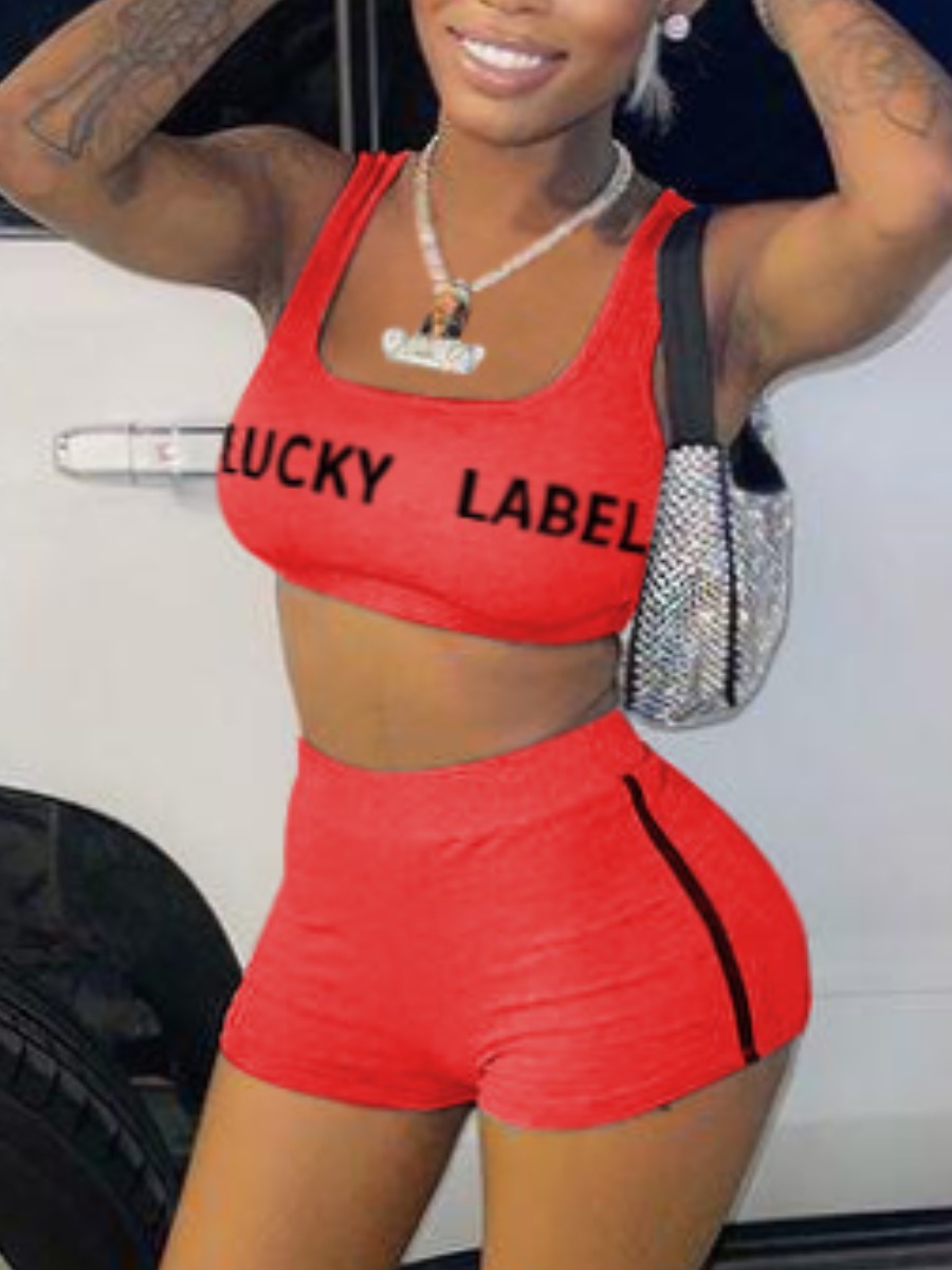 

Lovely Sporty Letter Print Striped Red Two Piece Shorts Set