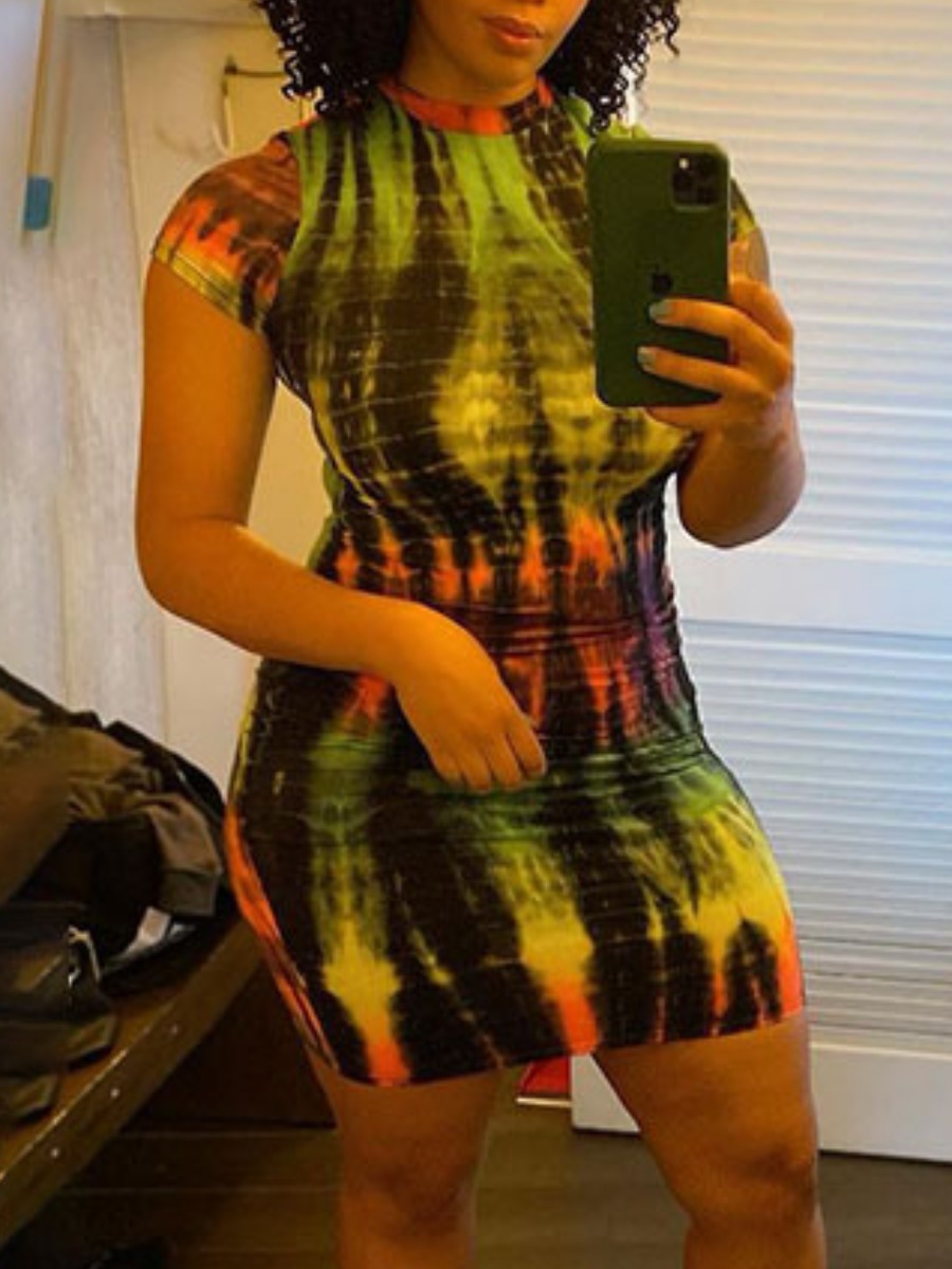 

Lovely Casual O Neck Tie-dye Green Mini Dress