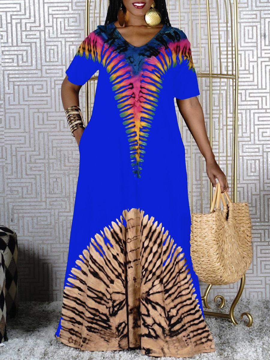 

Lovely Boho Print Patchwork Blue Floor Length A Line Dress