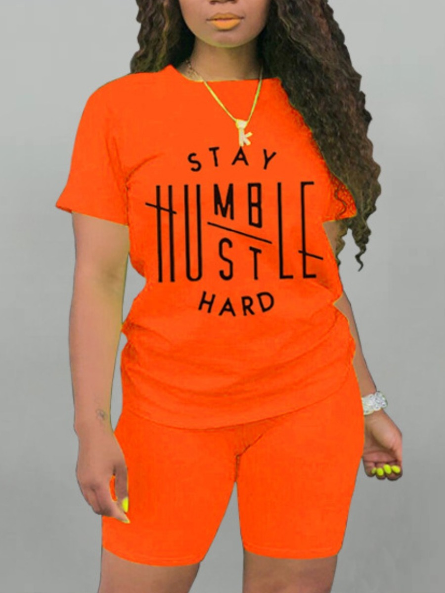 

LW Stay Humble Letter Print Shorts Set, Jacinth
