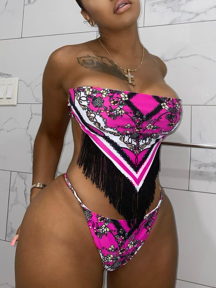 

Lovely Boho Print Tassel Design Purple Two-piece Swimsuit