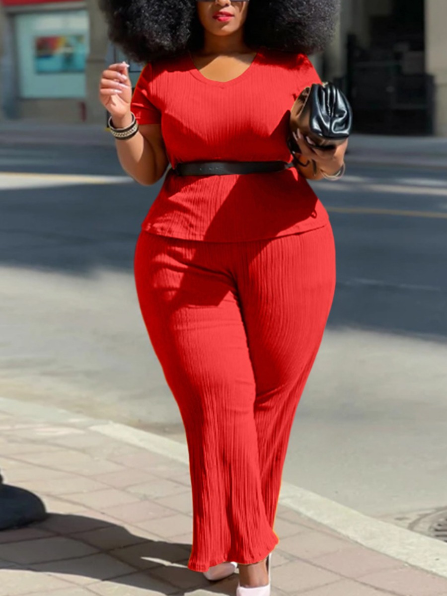 

Lovely Plus Size Street O Neck Flared Red Two-piece Pants Set(Without Belt)