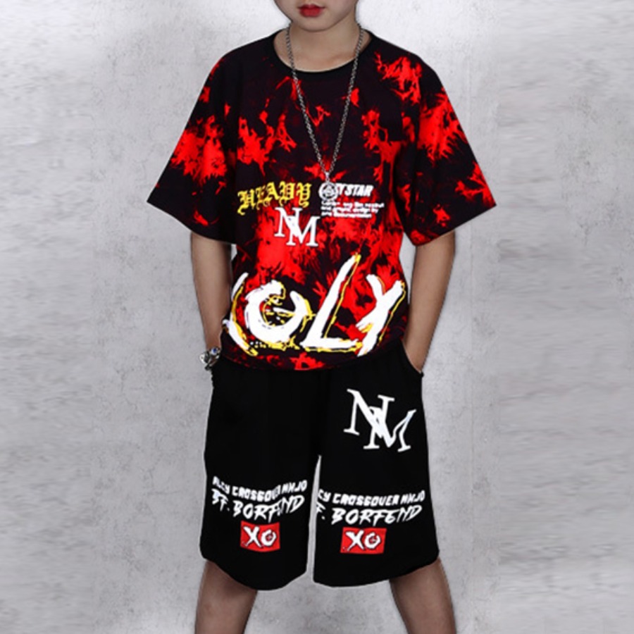 

Lovely Boy Street Letter Print Tie Dye Red Two Piece Shorts Set