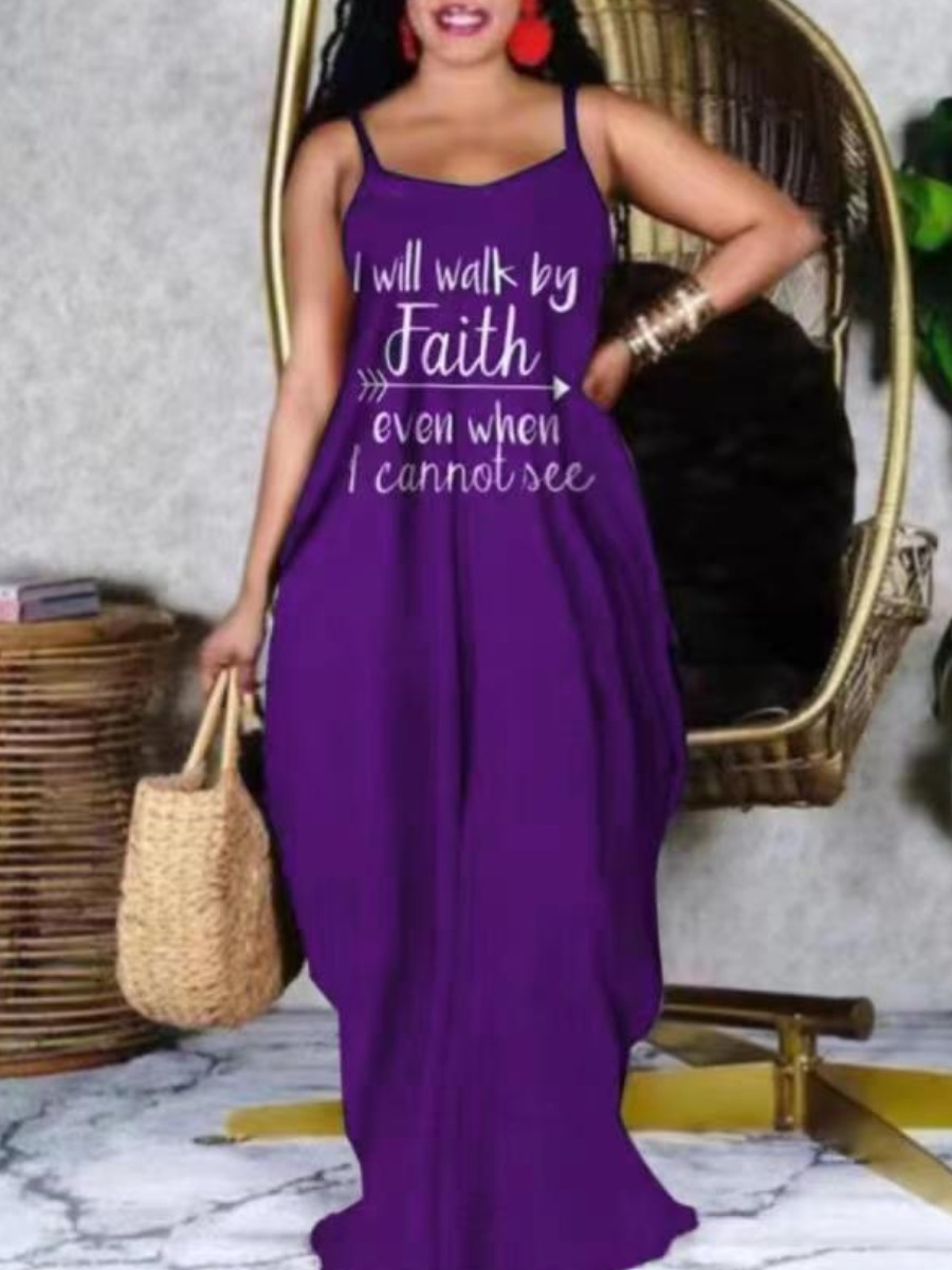 

Lovely Plus Size Boho Letter Print Fold Design Purple Floor Length Dress