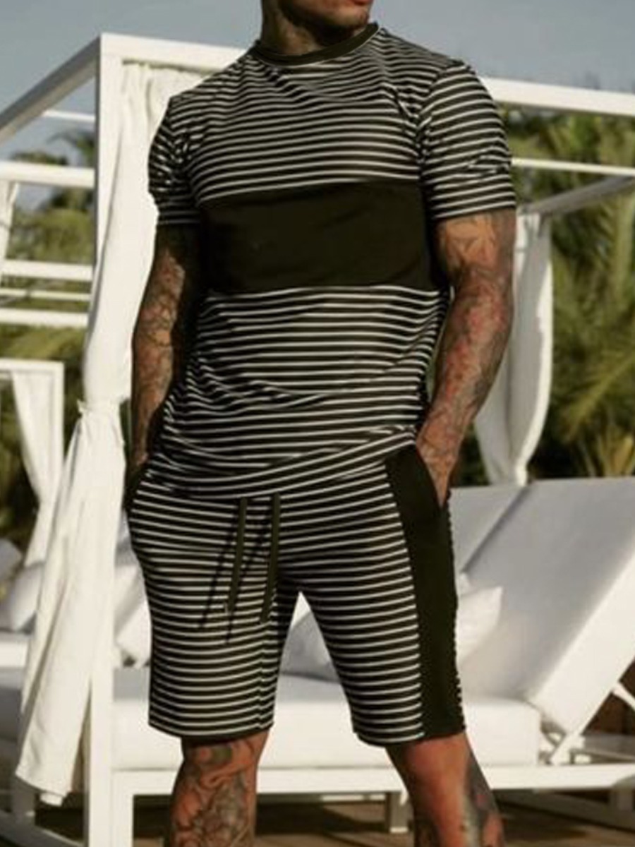 

Lovely Men Street Striped Drawstring Black Two Piece Shorts Set