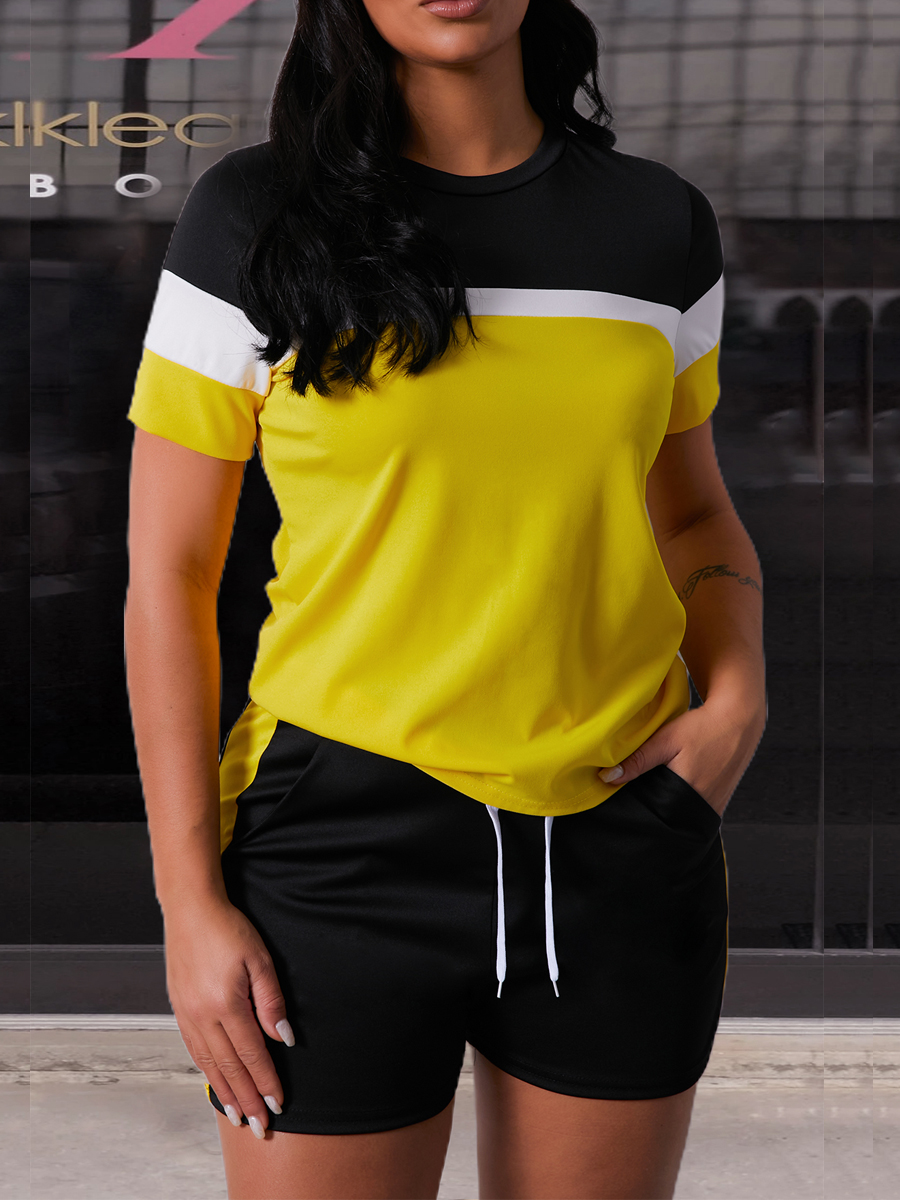 

Lovely Sporty Color-lump Drawstring Yellow Two Piece Shorts Set
