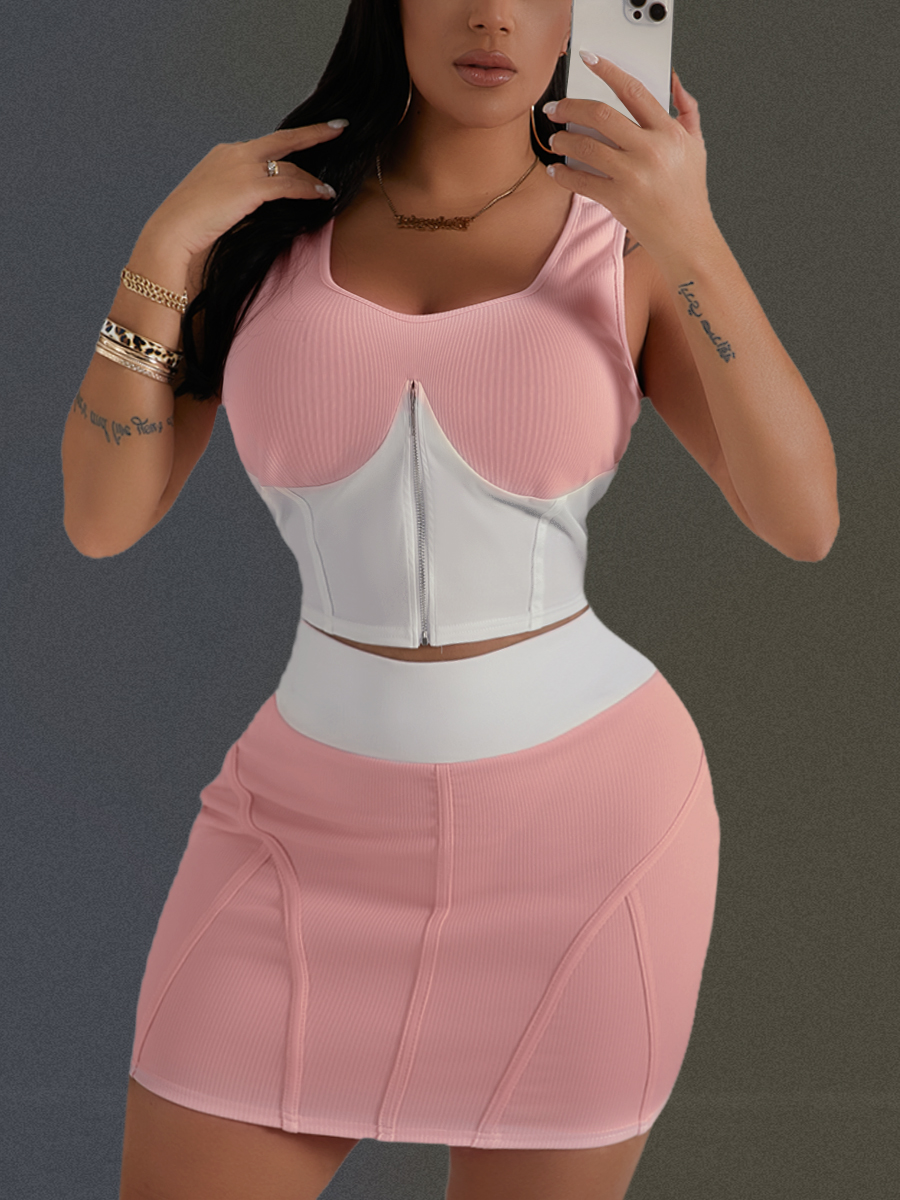 

Lovely Sweet U Neck Color-lump Pink Two Piece Skirt Set
