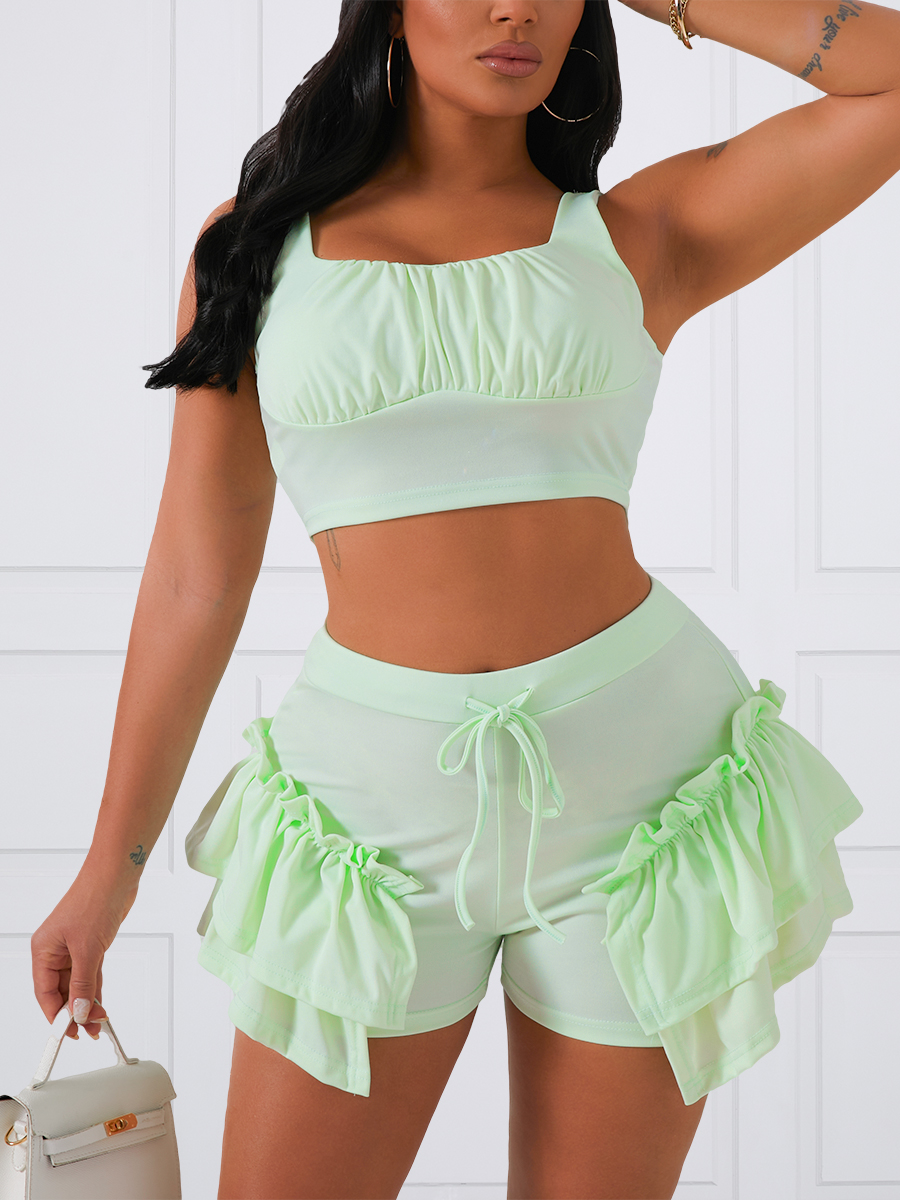 

Lovely Sweet Flounce Design Ruched Drawstring Green Two Piece Shorts Set