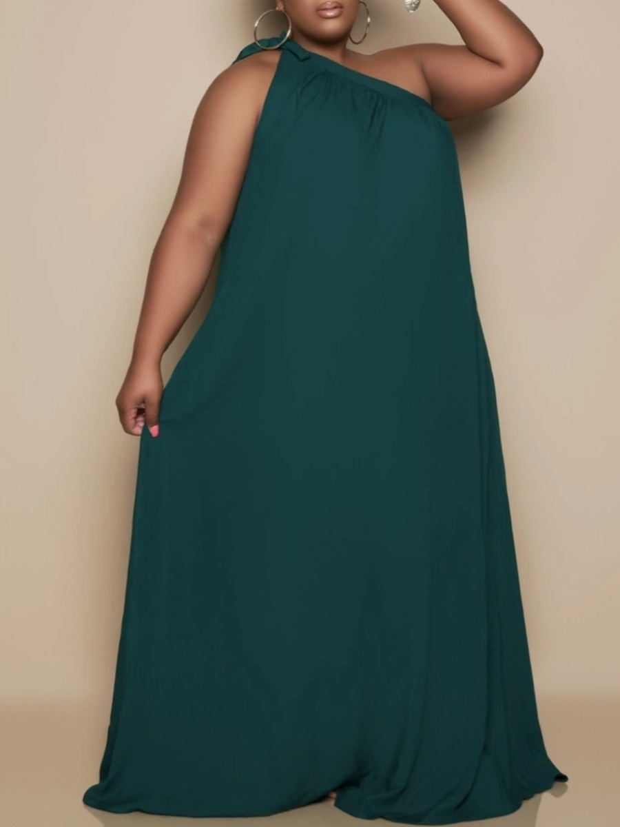 

Lovely Plus Size Boho One Shoulder Loose Floor Length Dress, Black green