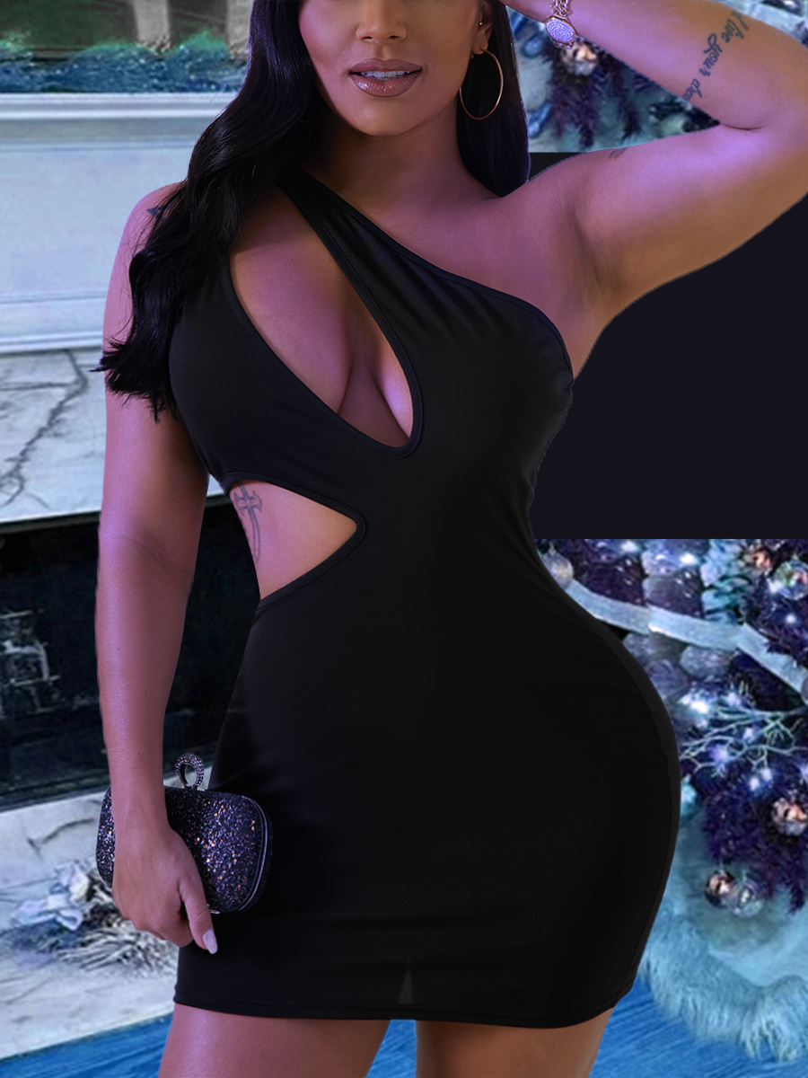 

Lovely Sexy One Shoulder Hollow-out Black Mini Dress