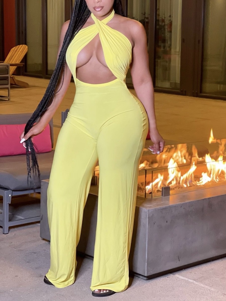 

Lovely Street Bandage Hollow-out Design Yellow One-piece Jumpsuit