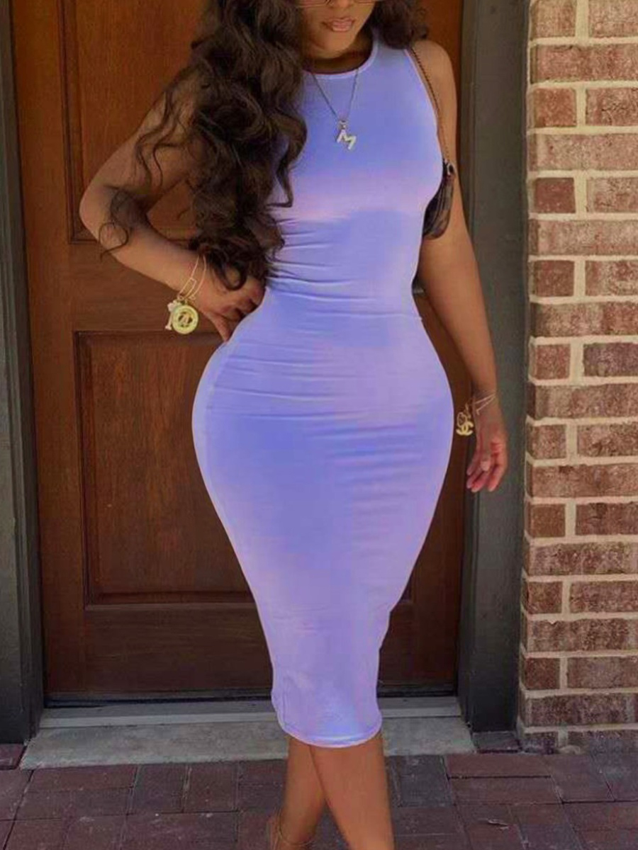 

LW Plus Size Casual O Neck Basic Skinny Light Purple Mid Calf Dress