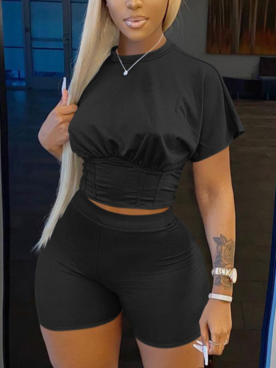 

Lovely Plus Size Sporty O Neck Elastic Black Two-piece Shorts Set
