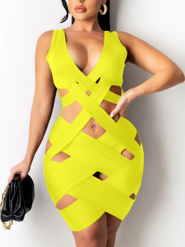 

Lovely Plus Size Sexy Bandage Hollow-out Design Yellow Knee Length Dress