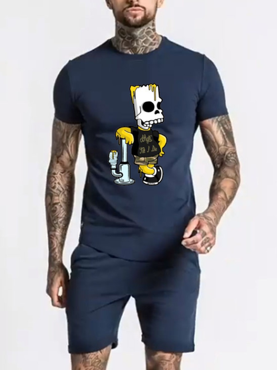 

Lovely Men Casual O Neck Skull Head Print Deep Blue Two Piece Shorts Set