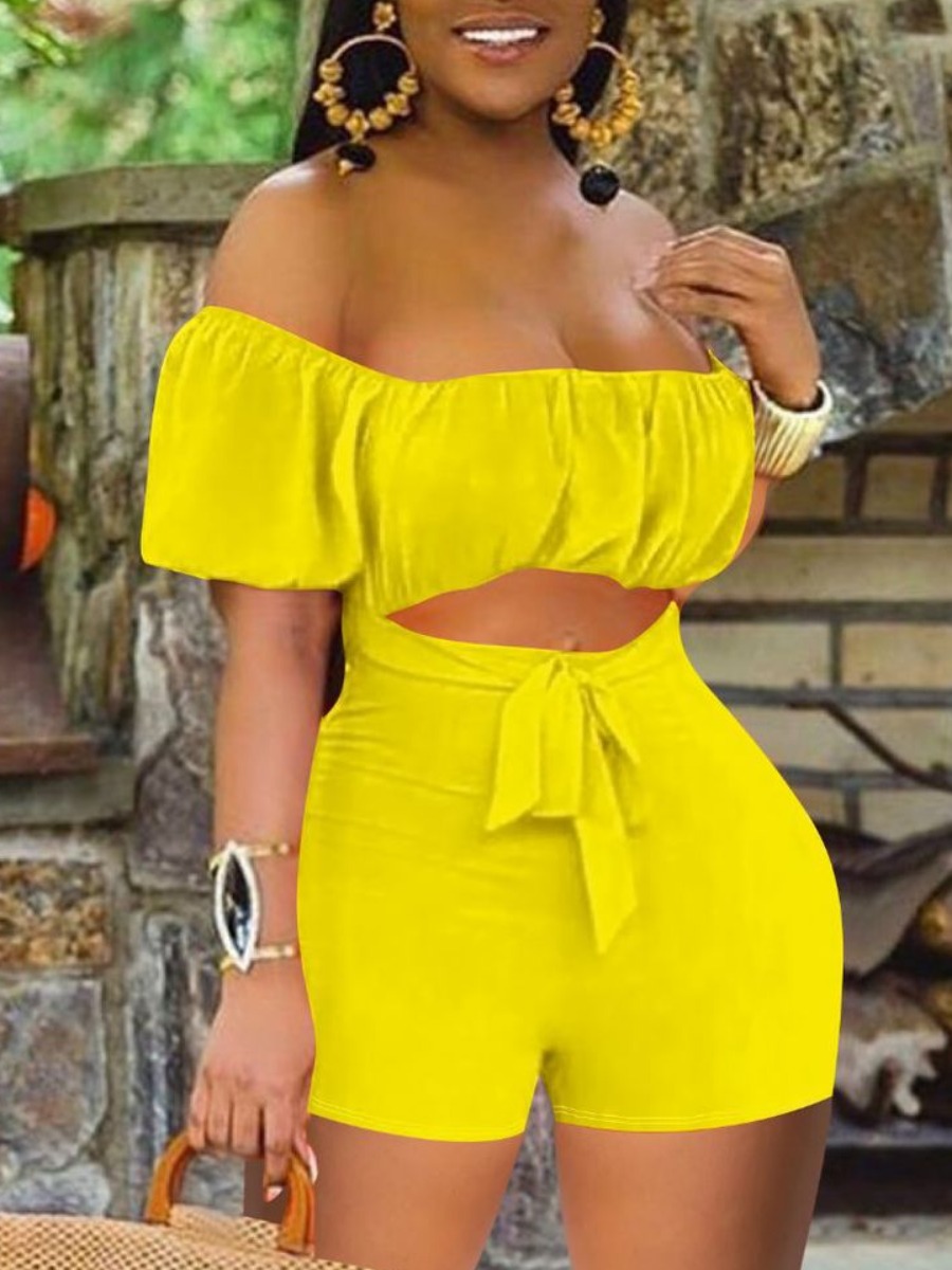 

Lovely Street Off The Shoulder Hollow-out Yellow One-piece Romper