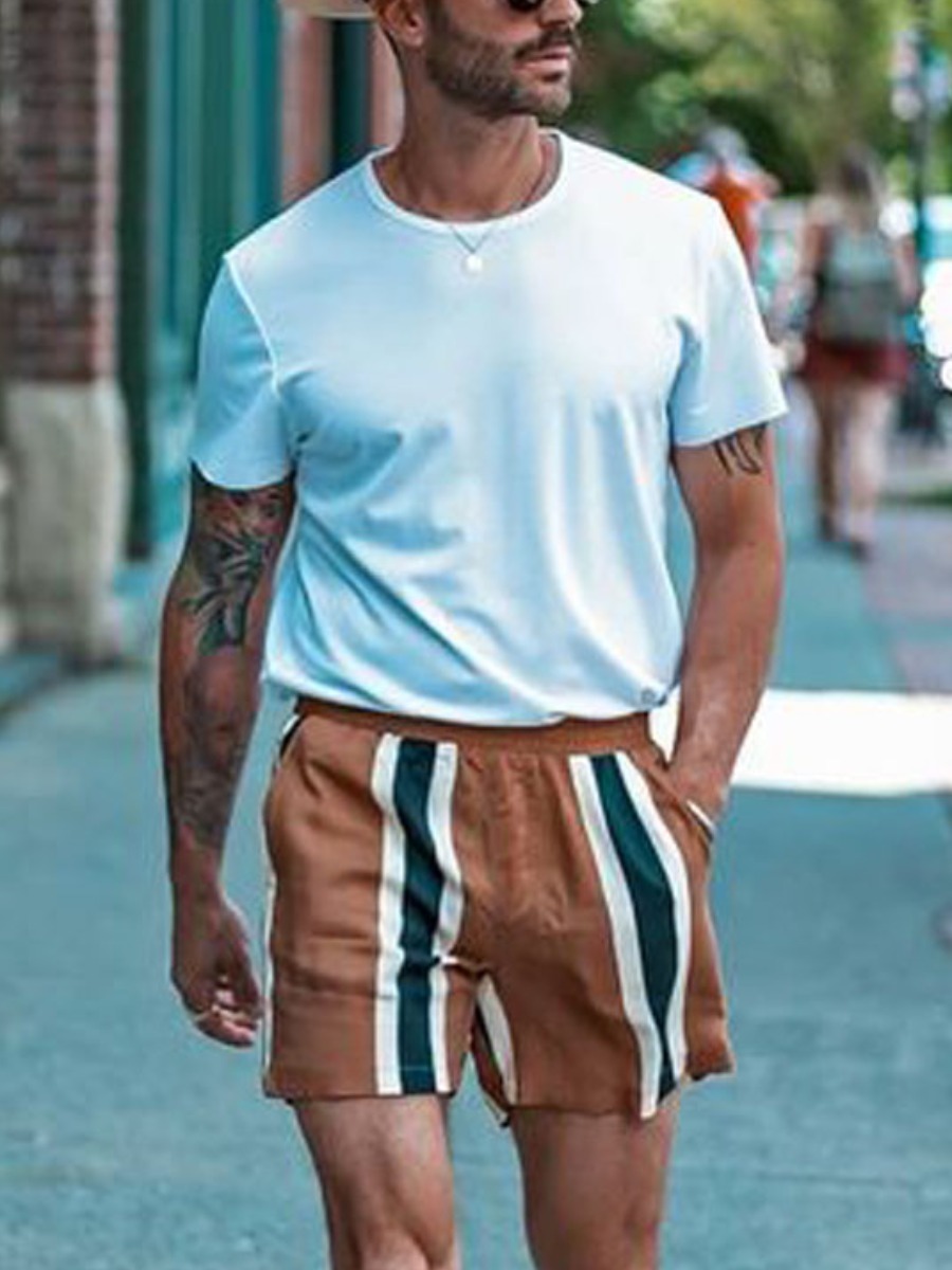 

Lovely Men Casual Striped Drawstring White Two Piece Shorts Set