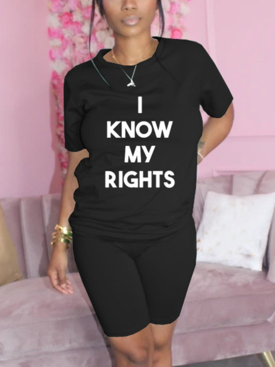 

LW Casual O Neck Letter Print Black Two Piece Shorts Set
