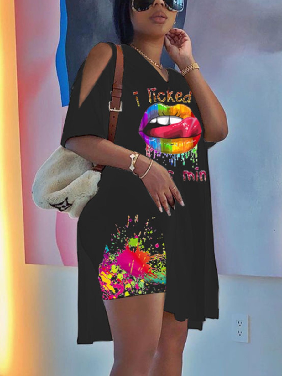 

LW Street Splash Ink Lip Print Black Two Piece Shorts Set
