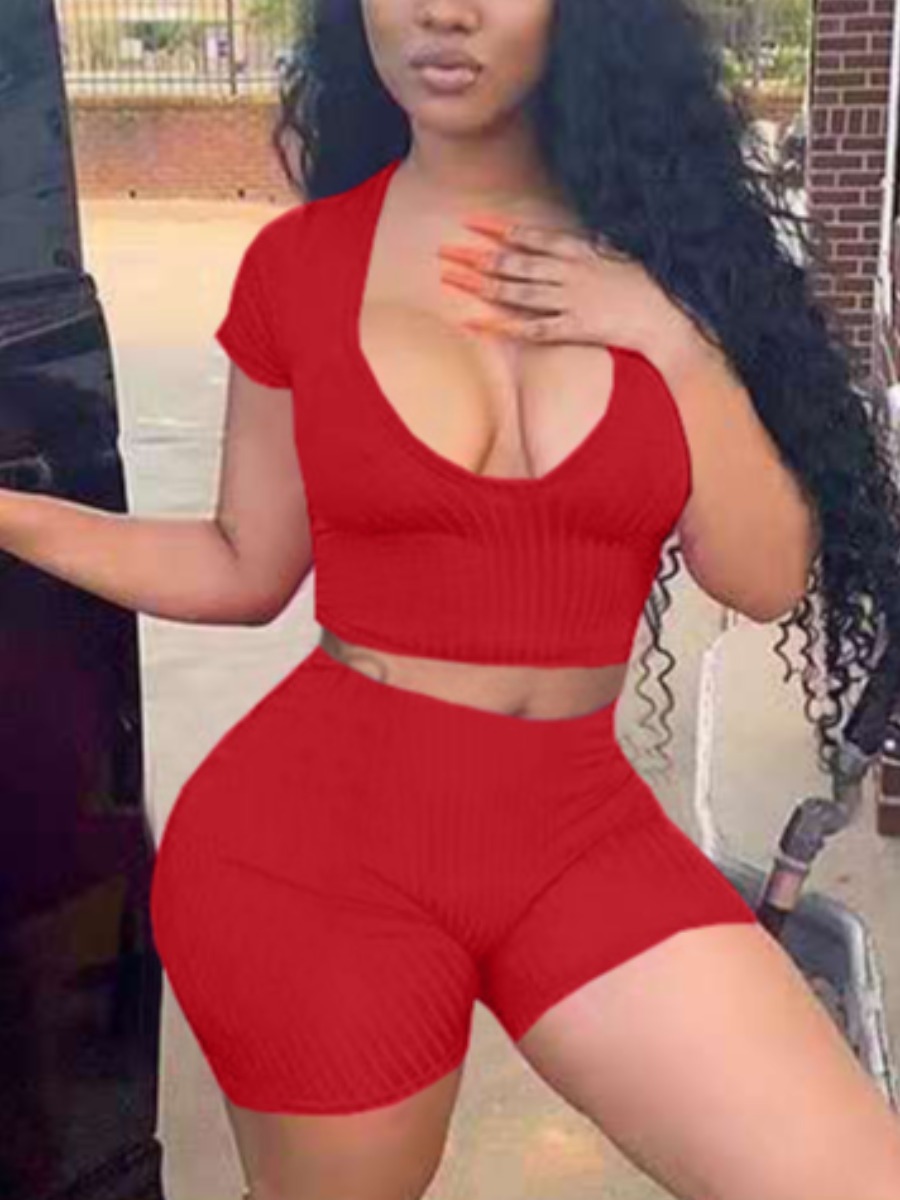 

Lovely Casual U Neck Basic Skinny Red Two Piece Shorts Set