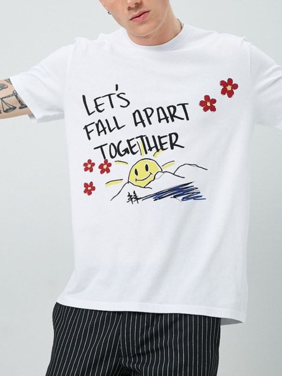 

Lovely Men Casual Floral Letter Print White T-shirt