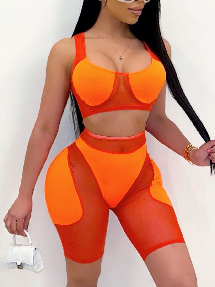 

Lovely Sexy U Neck See-through Croci Two Piece Shorts Set