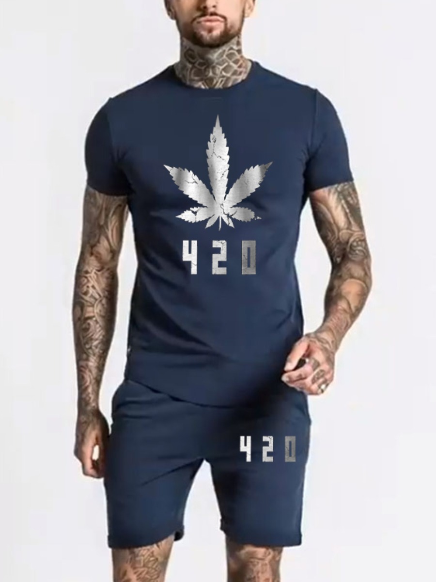 

Lovely Men Casual Floral Letter Print Deep Blue Two Piece Shorts Set