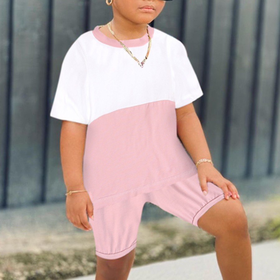 

Lovely Boy Sporty O Neck Color-lump Pink Two Piece Shorts Set