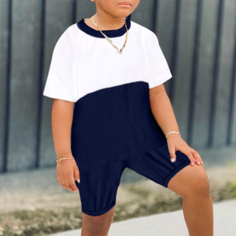 

Lovely Boy Sporty O Neck Color-lump Riyalblue Two Piece Shorts Set, Royalblue
