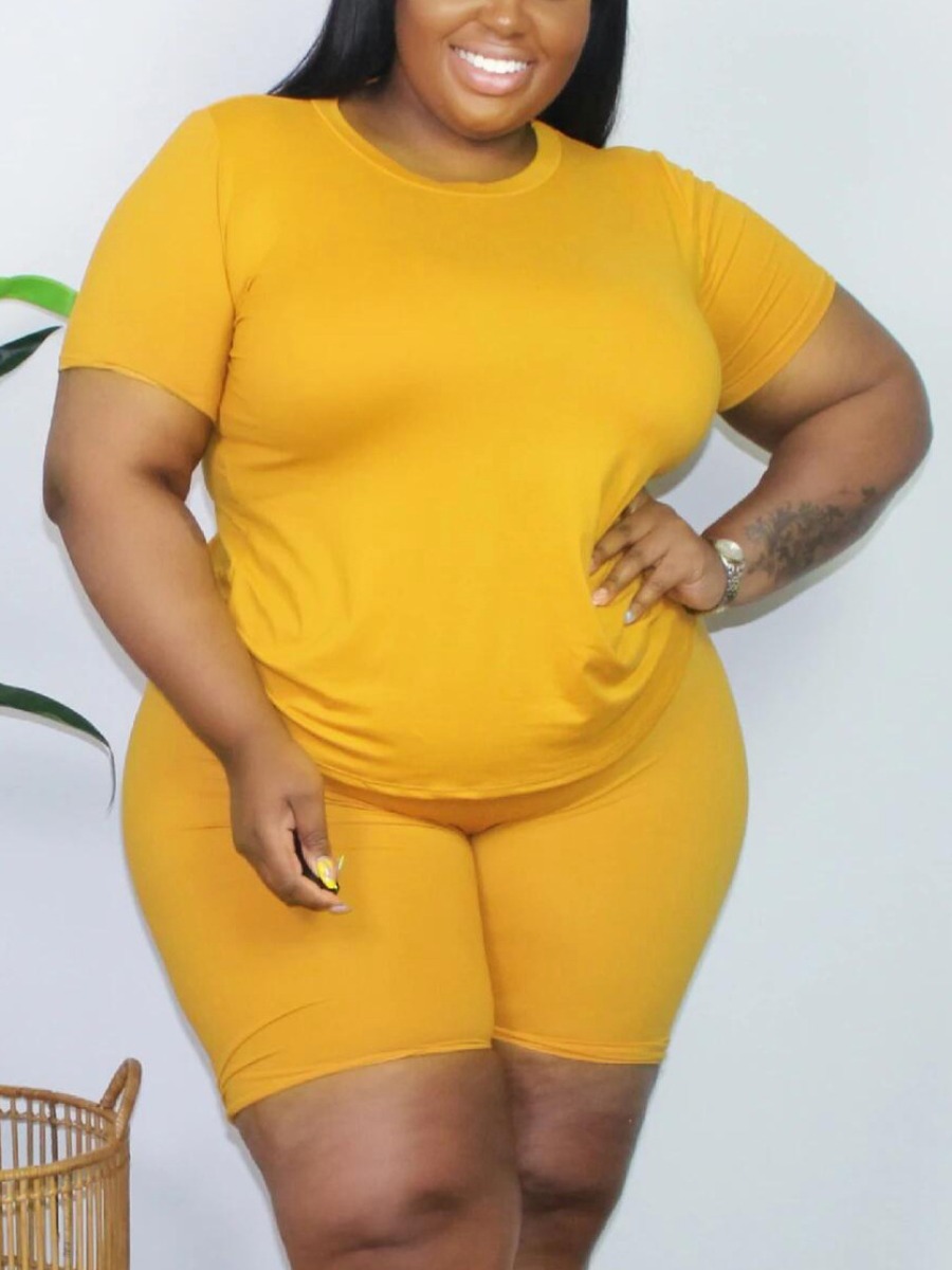 

Lovely Plus Size Casual O Neck Elastic Yellow Two-piece Shorts Set