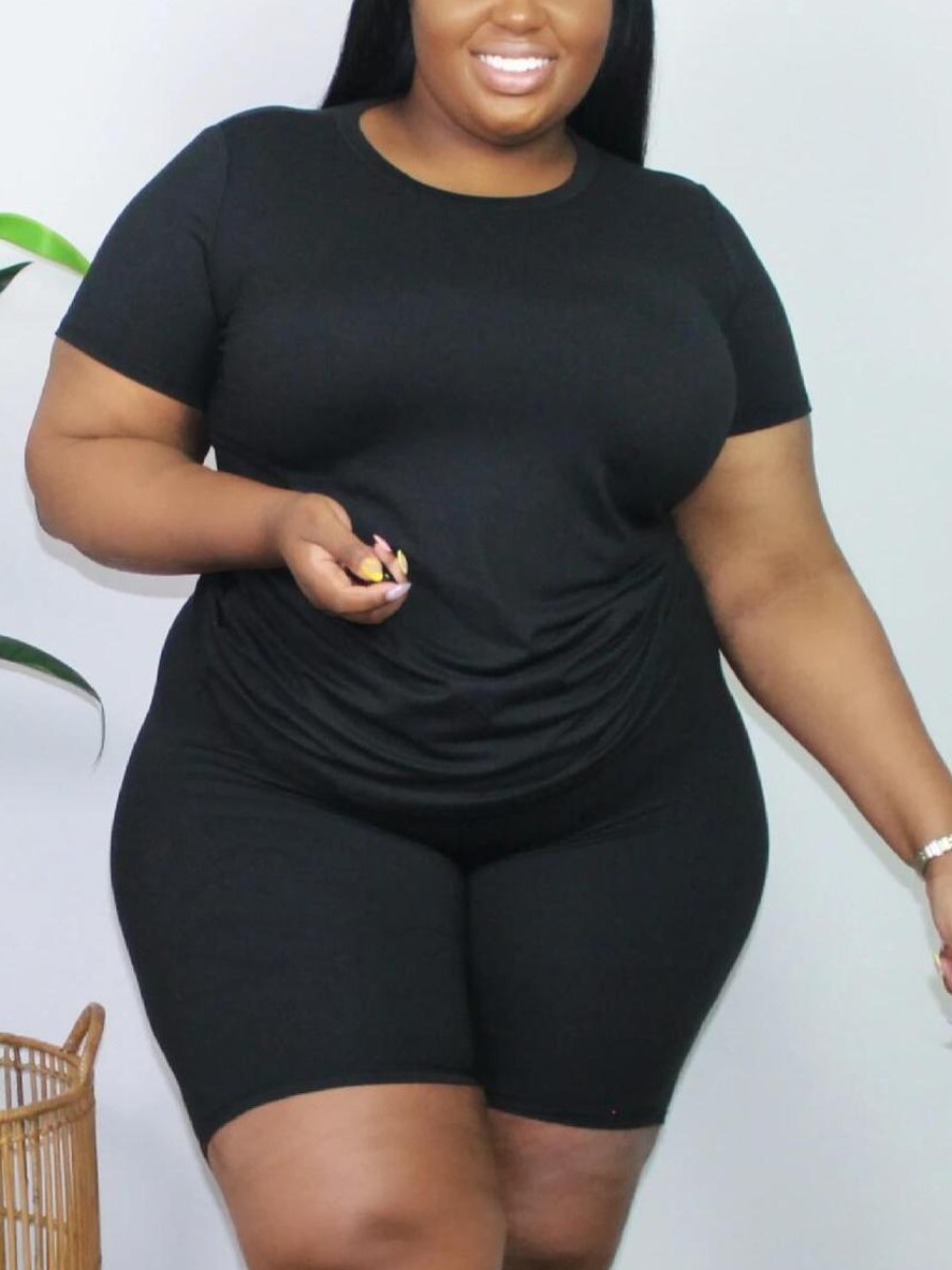 

Lovely Plus Size Casual O Neck Elastic Black Two-piece Shorts Set