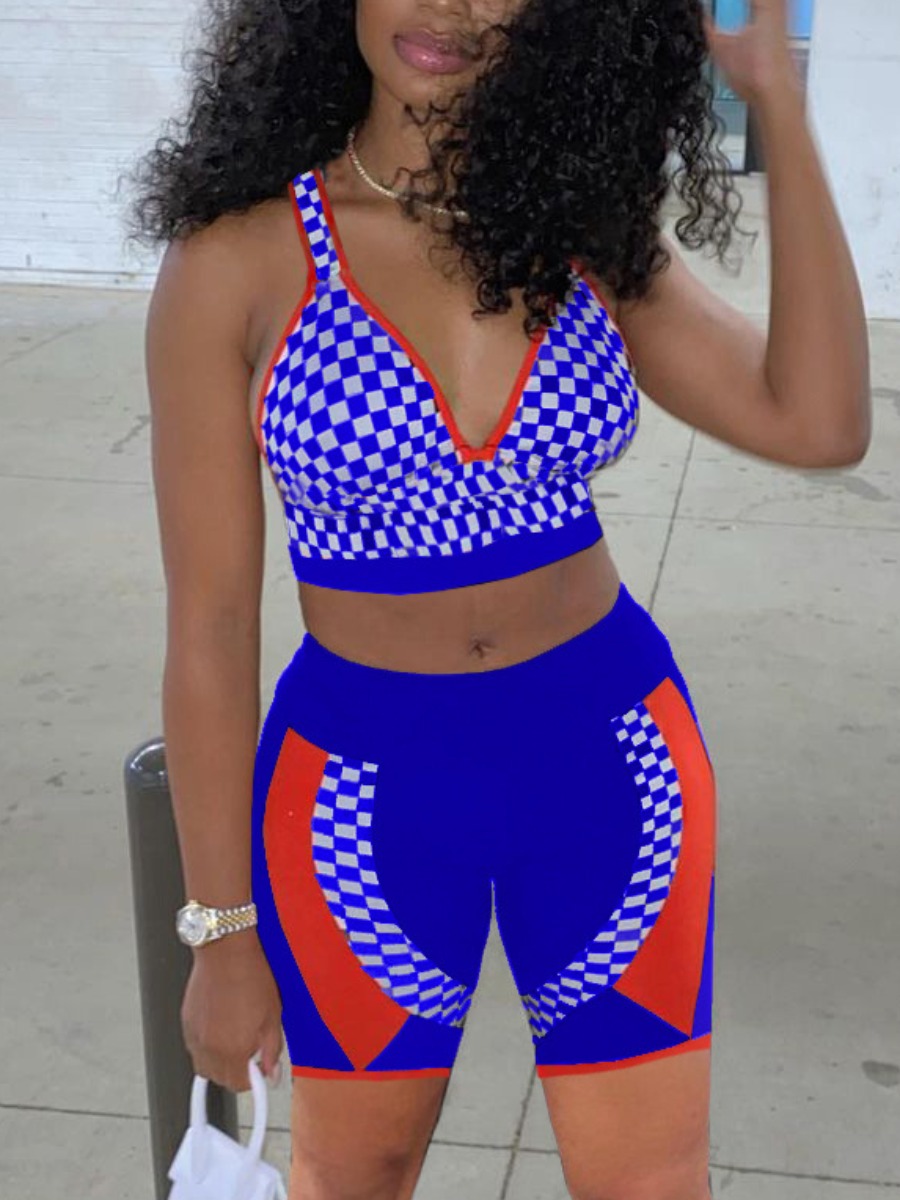 

Lovely Sporty V Neck Plaid Print Blue Two Piece Shorts Set