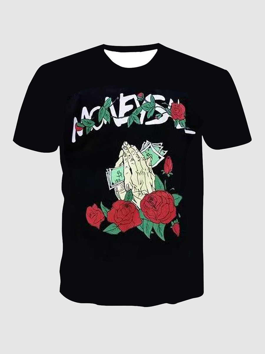 

Lovely Men Casual Floral Letter Print Black T-shirt