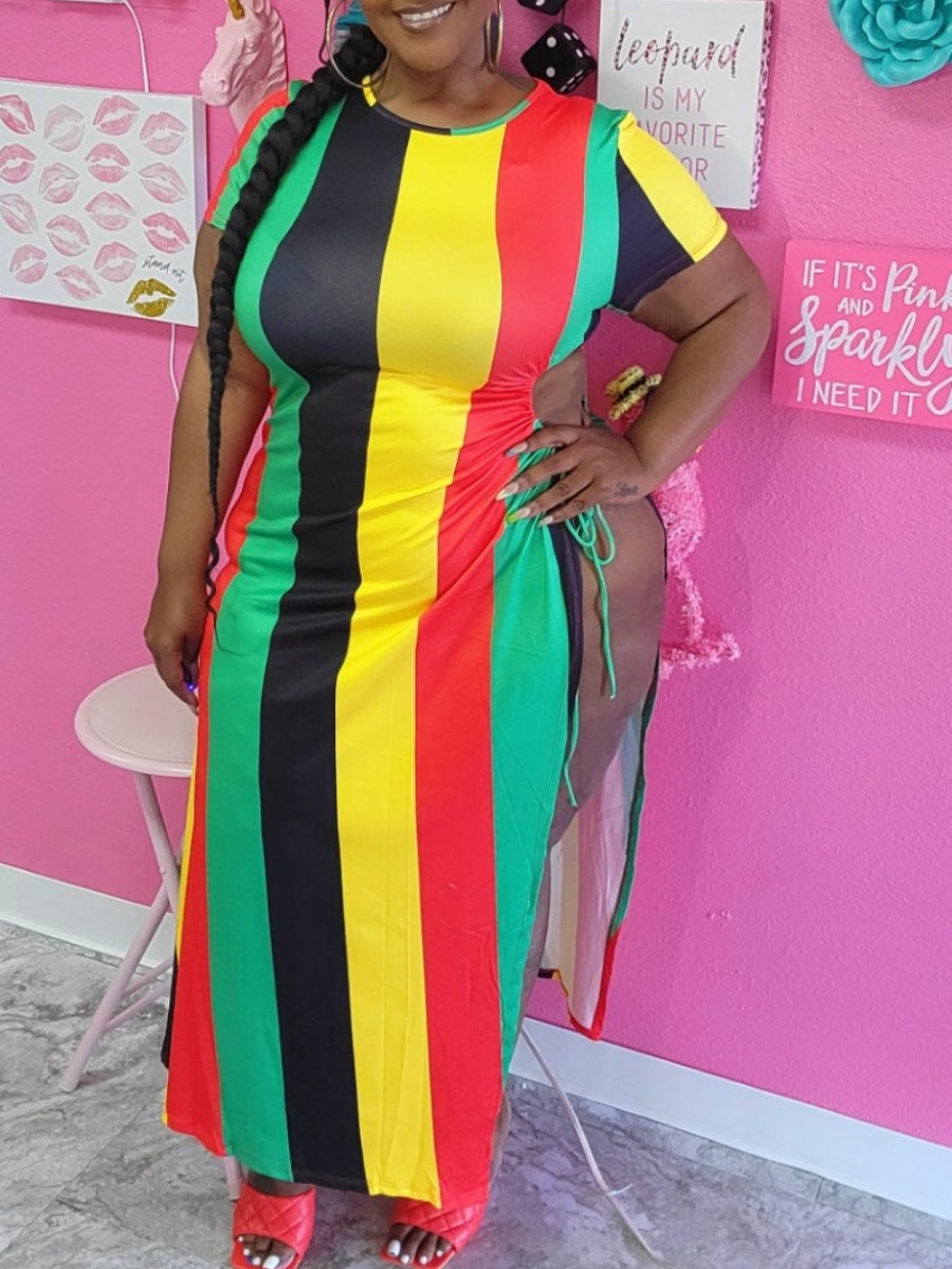 

Lovely Plus Size Boho Striped Split Multicolor Ankle Length Dress, Multi