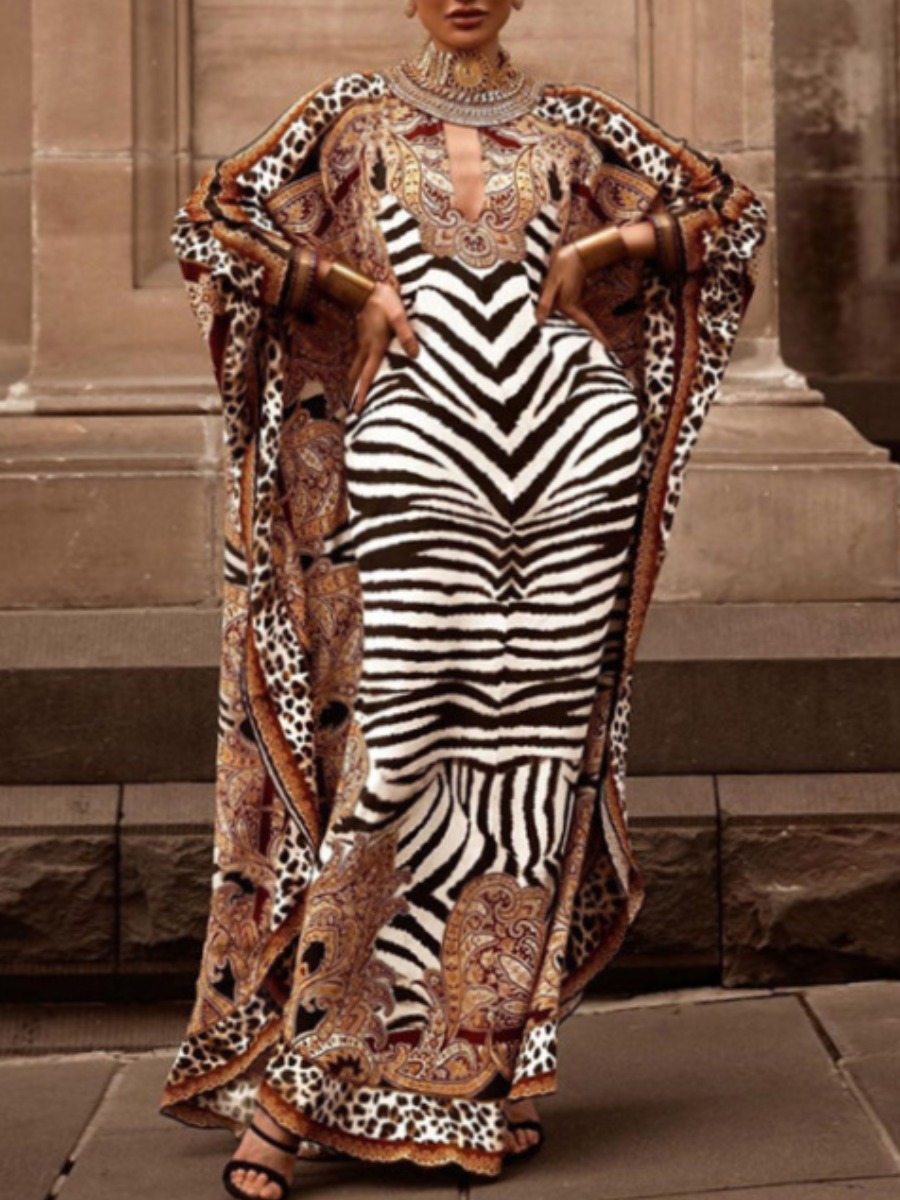 

Lovely Plus Size Boho Batwing Sleeve Zebra Stripe Brown Cover-up