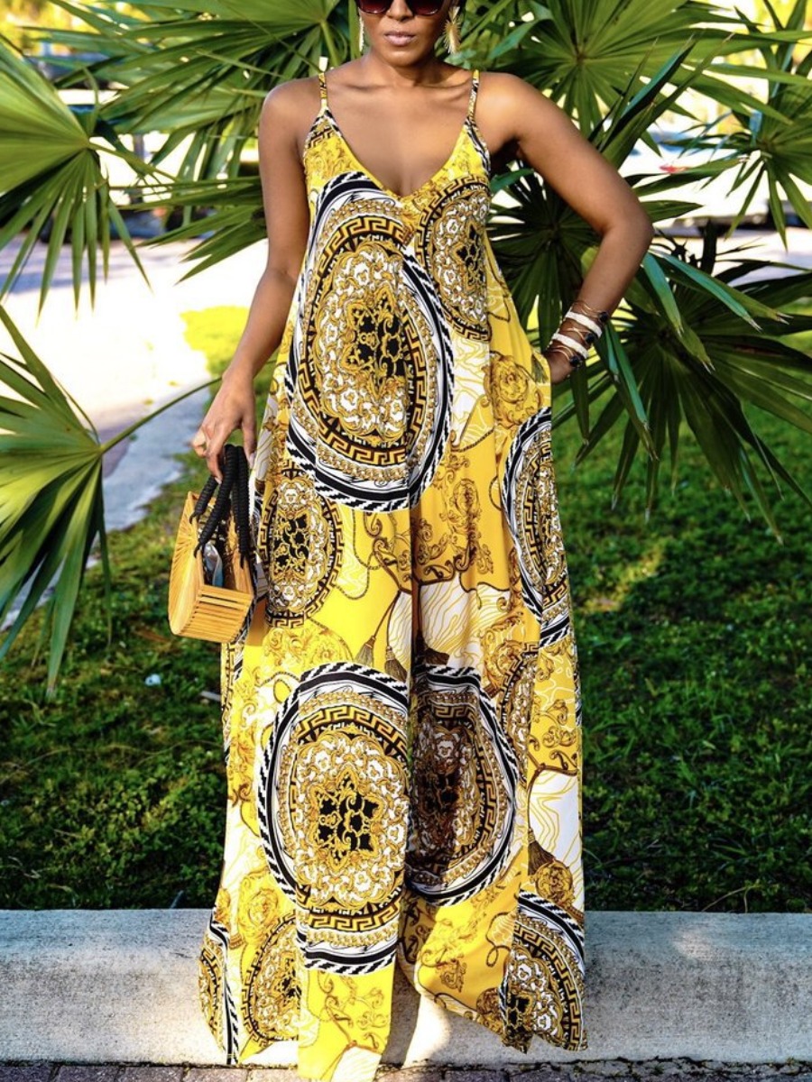 

Lovely Boho Print Patchwork Yellow One-piece Jumpsuit