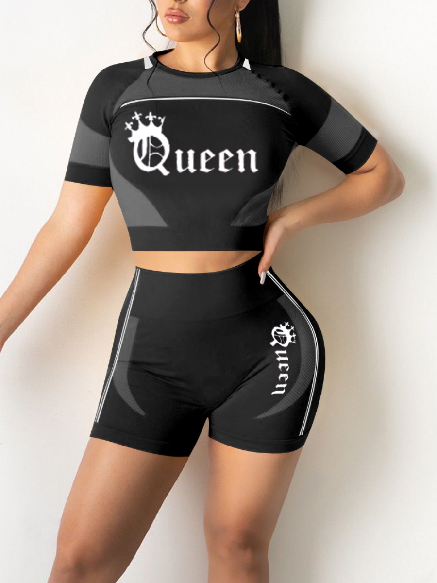 

LW Sporty Letter Print Color-lump Black Two Piece Shorts Set
