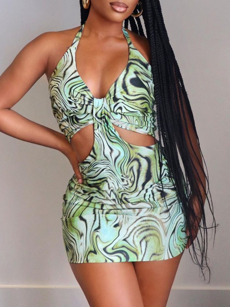 

Lovely Street Hollow-out Print Skinny Light Green Mini Dress