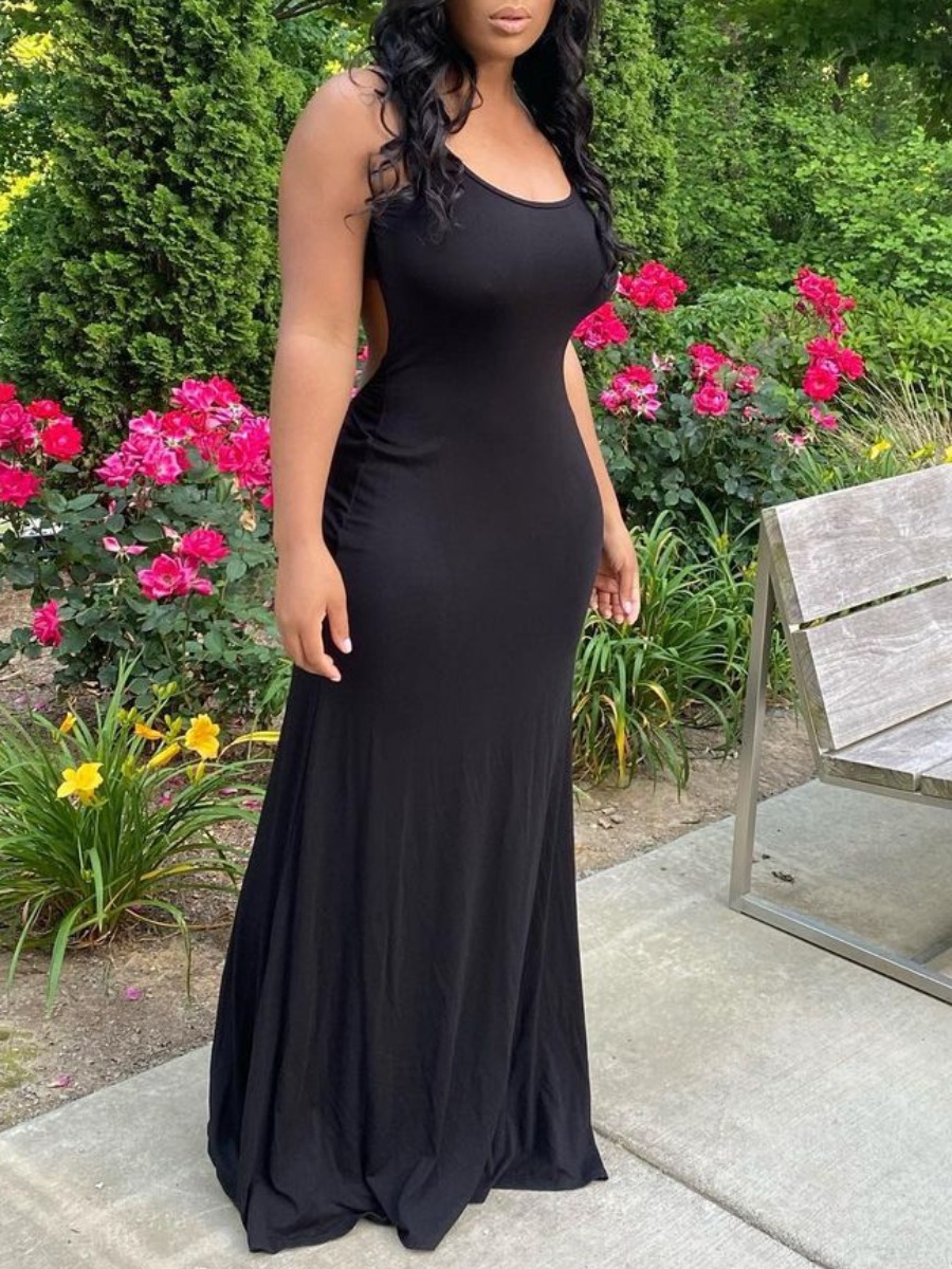 

Lovely Sexy U Neck Backless Black Floor Length Dress