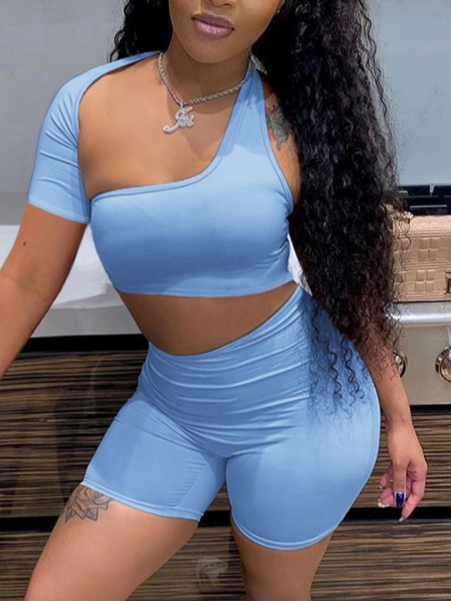 

Lovely Street One Shoulder Hollow-out Blue Two Piece Shorts Set