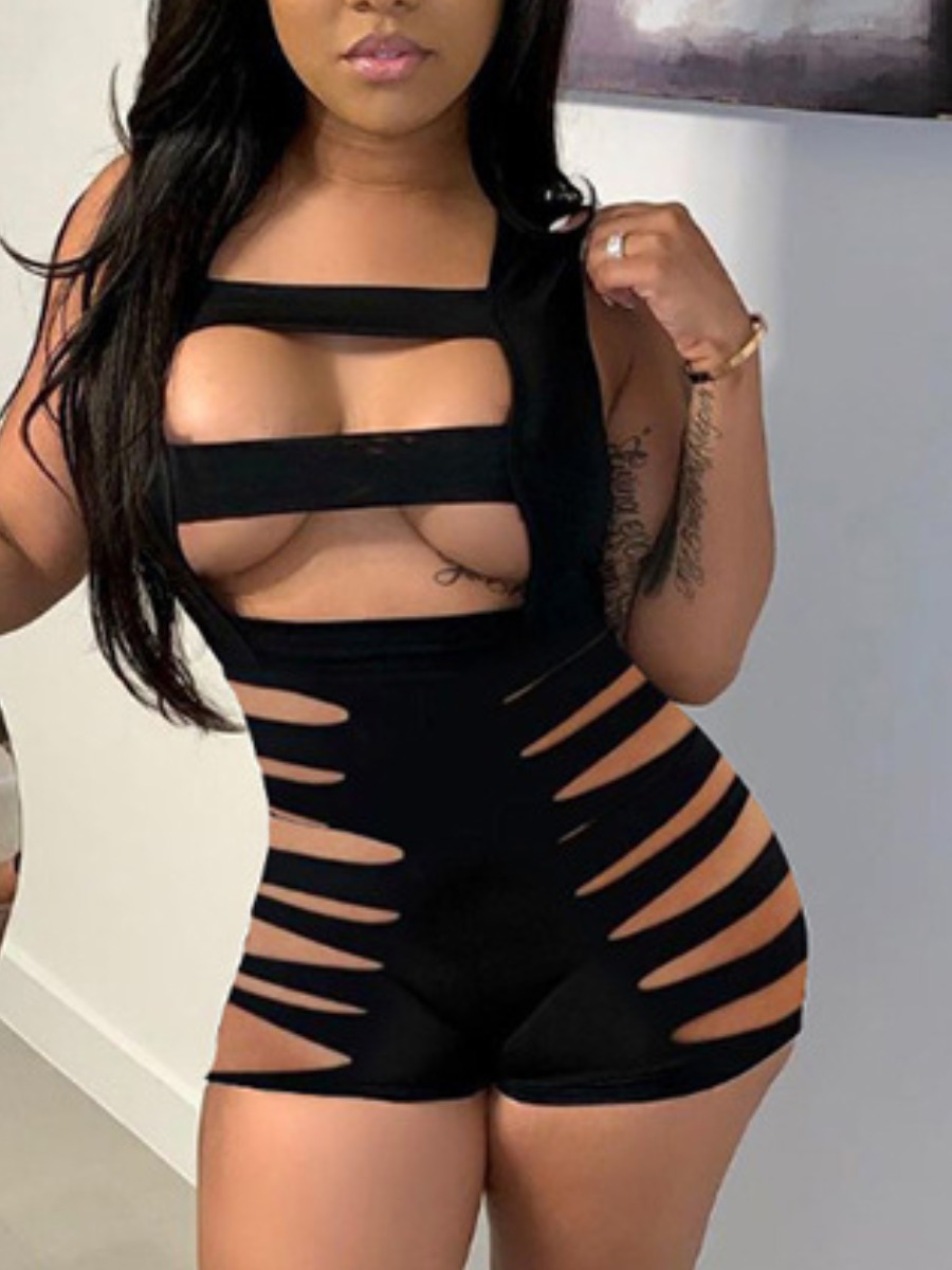 

Lovely Sexy Bandage Hollow-out Design Black One-piece Romper