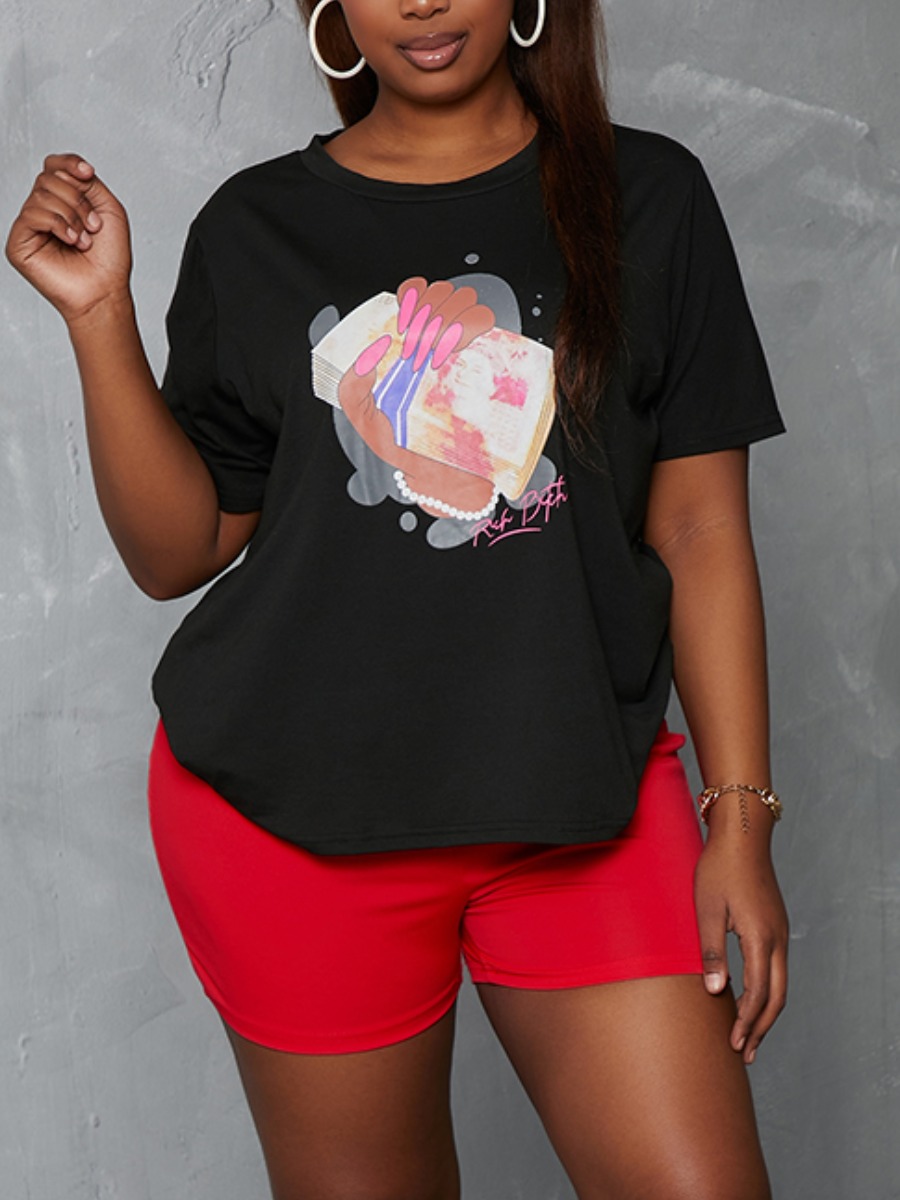 

Lovely Plus Size Street O Neck Money Print Black T-shirt