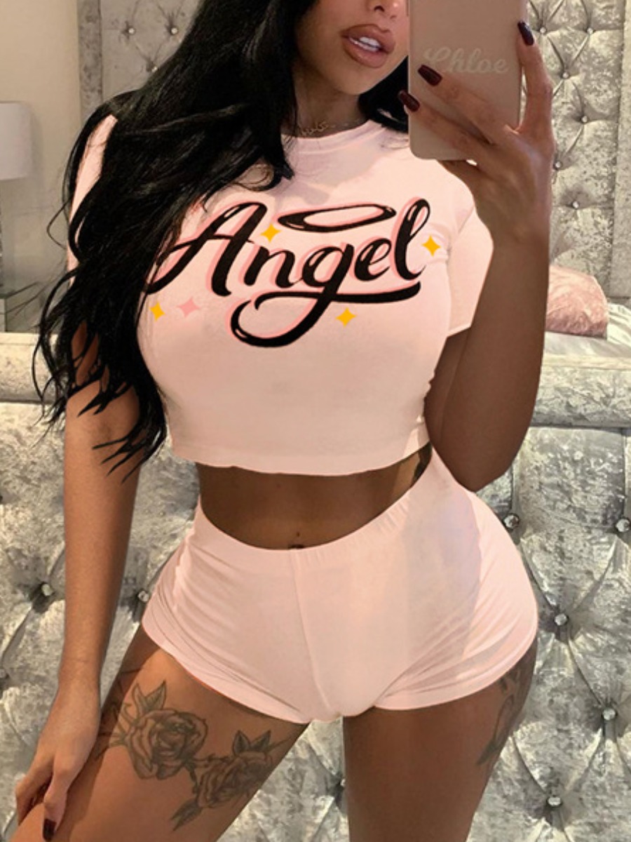 

Lovely Casual O Neck Letter Print Pink Two Piece Shorts Set