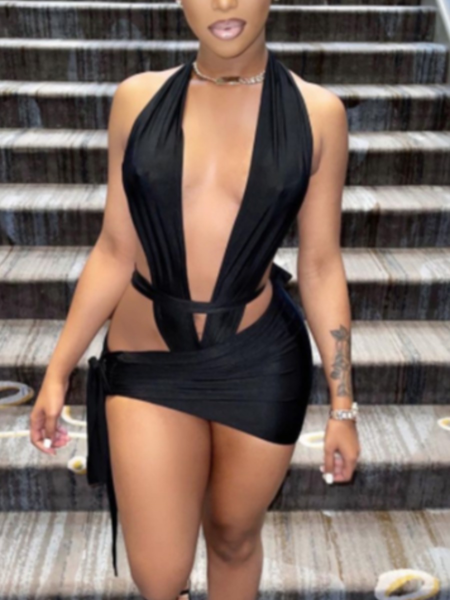 

Lovely Sexy Backless Bandage Design Black Two Piece Skirt Set