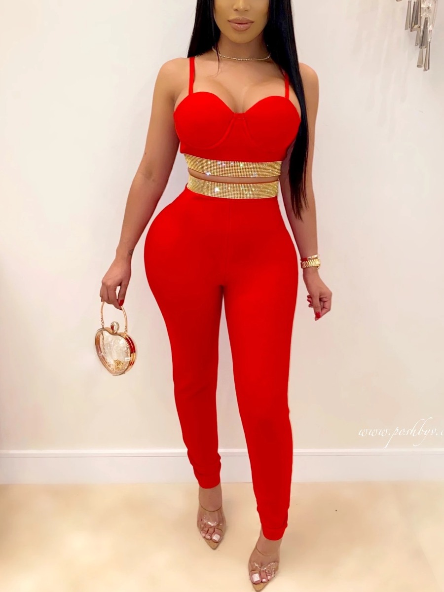 

Lovely Sexy Sequined Basic Skinny Red Two Piece Pants Set