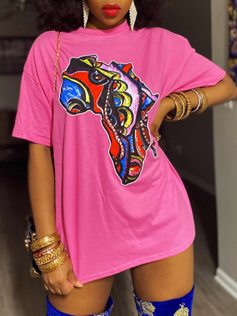 

Lovely Plus Size Casual Dropped Shoulder Map Print Rose Red T-shirt