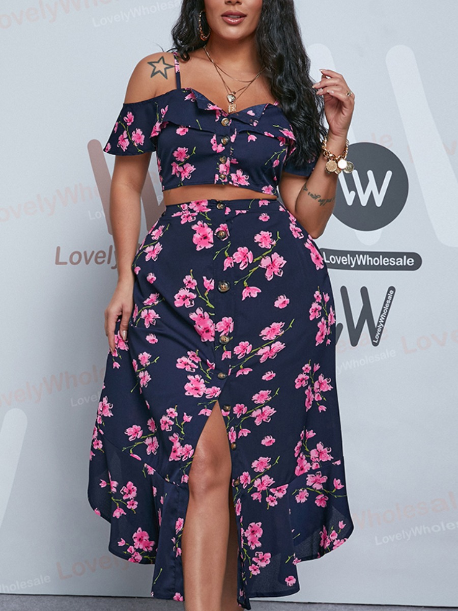 

Lovely Sweet Floral Print Button Design Navy Blue Mid Calf Dress
