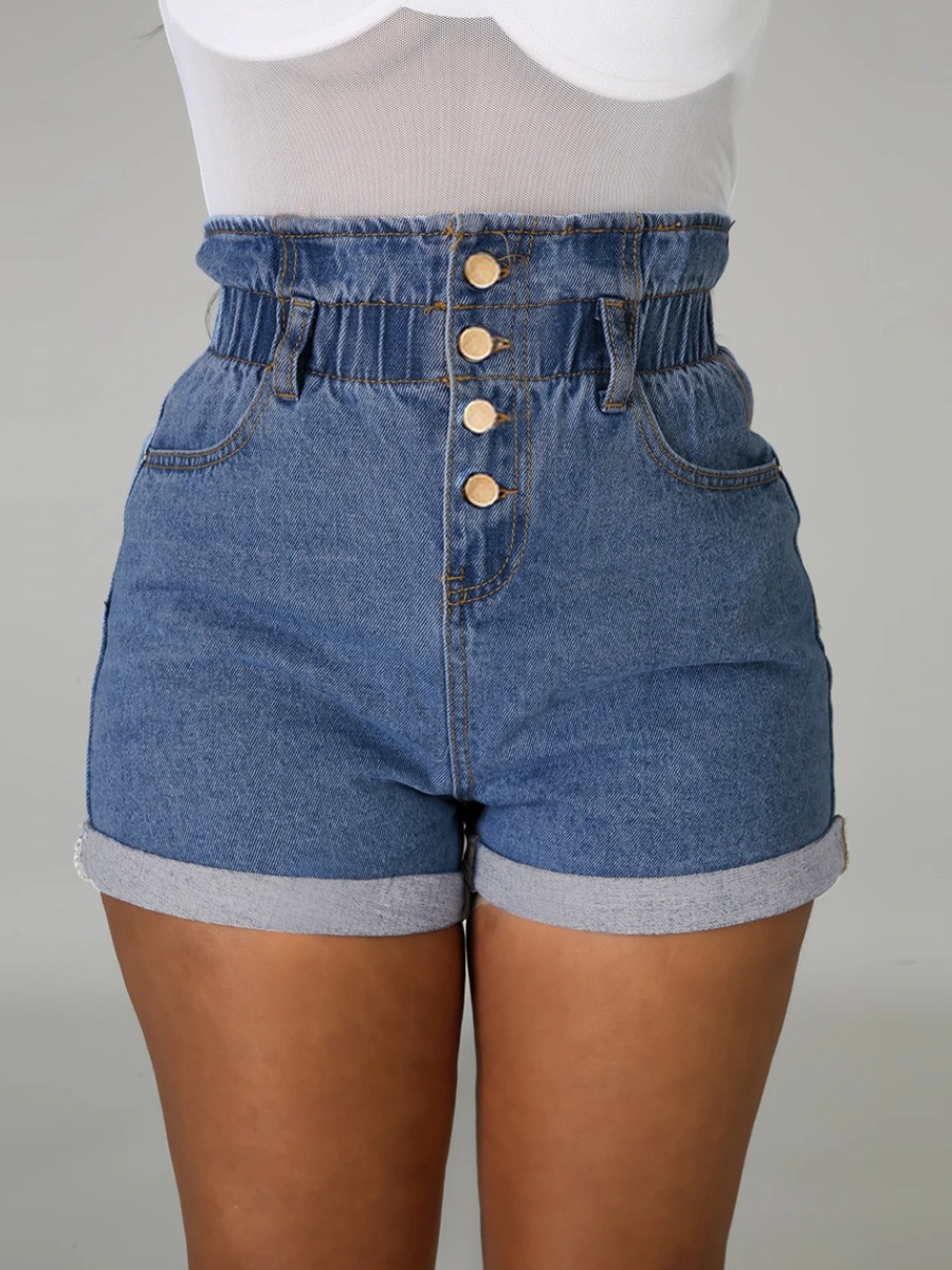 

Lovely Street High-waisted Button Design Deep Blue Denim Shorts