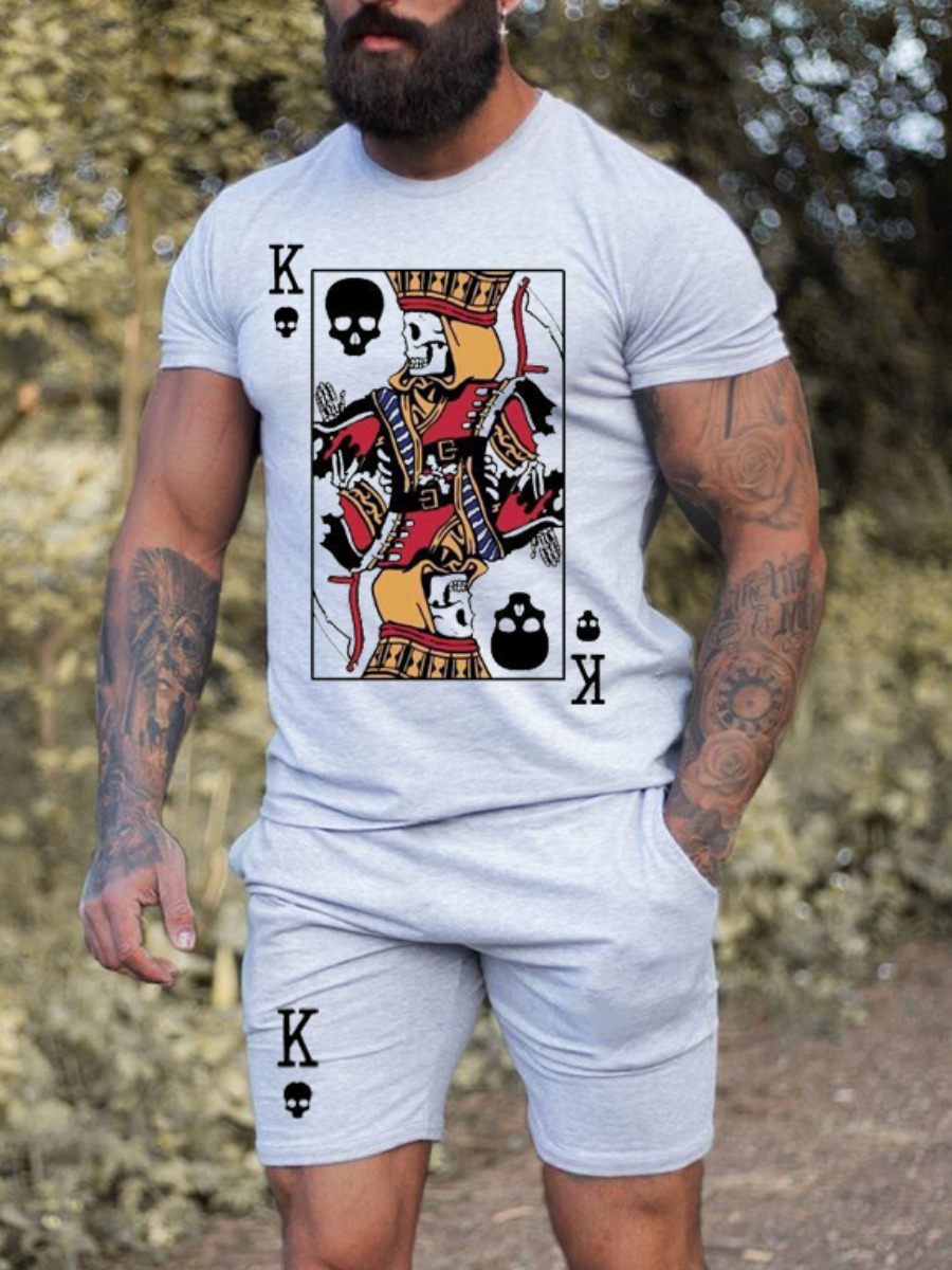 

LW Men Casual Poker Letter Print White Shorts Set